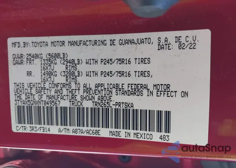 2022 Toyota Tacoma Sr из США, поврежденный, VIN 3TYAX5GNXNT049567